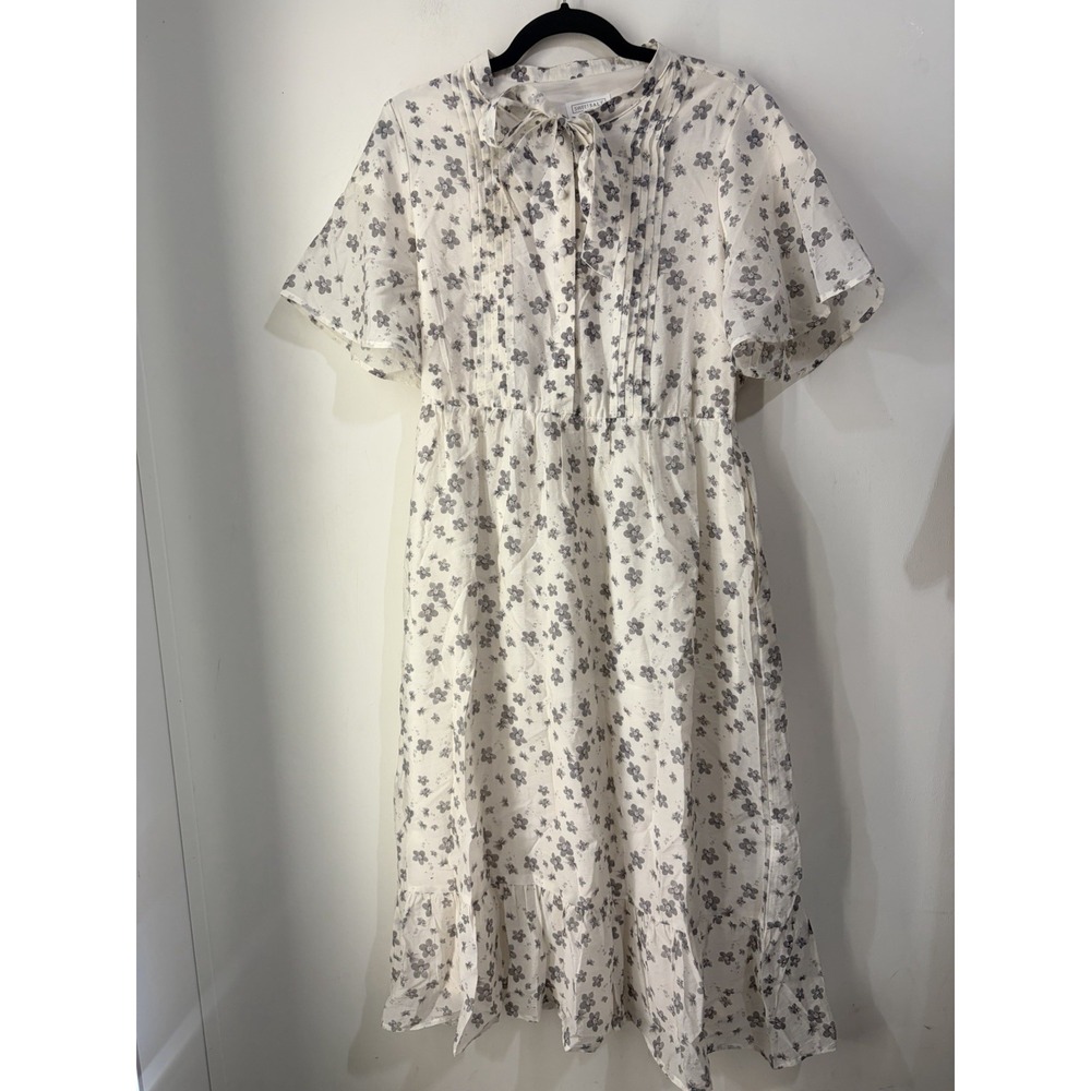 Sweet Salt Floral Midi Dress Small Ivory Gray Tencel Bow Neck Tiered Pockets